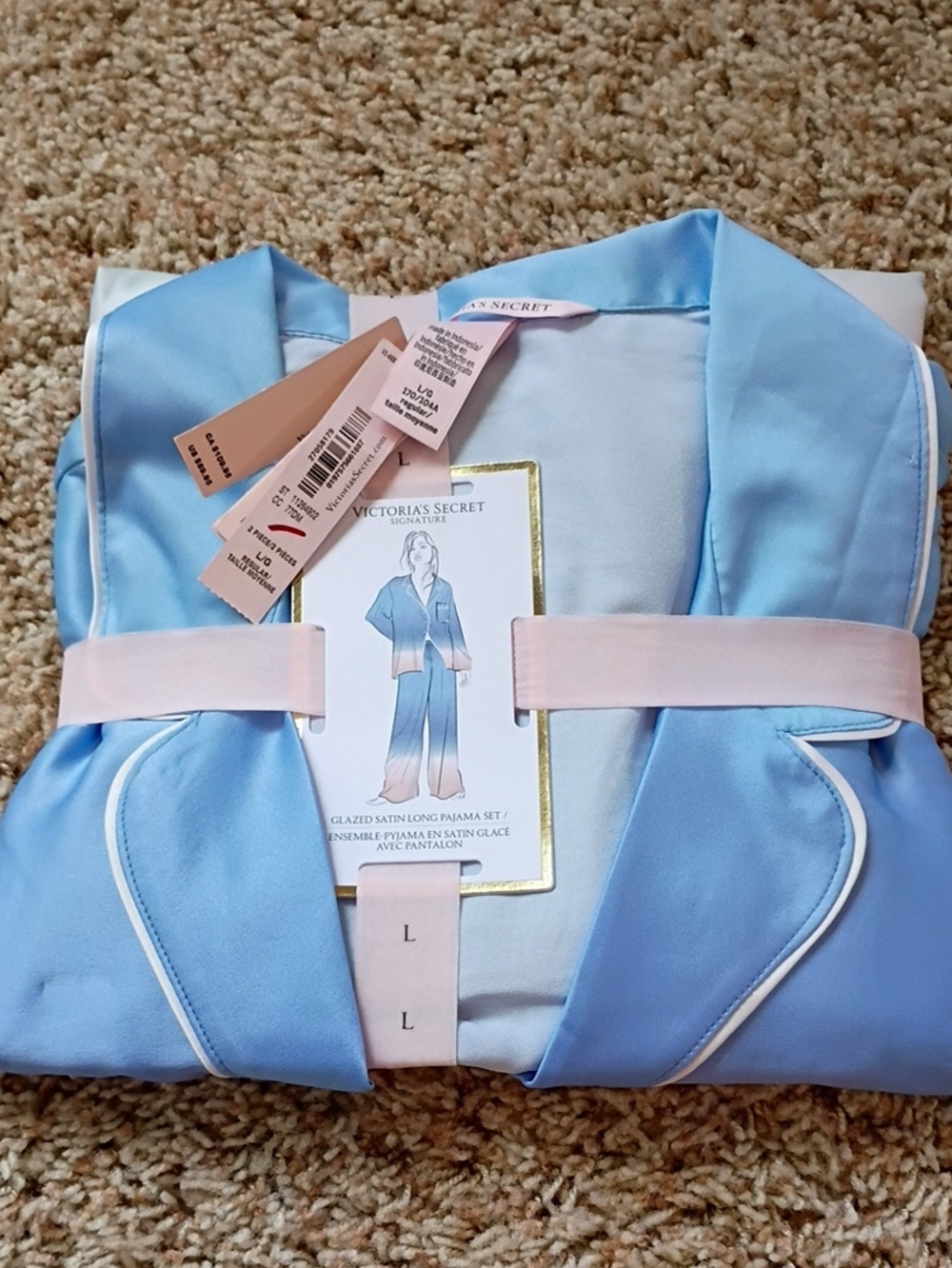 Victoria's Secret Light Blue Satin Pajama Set with Pink Trim